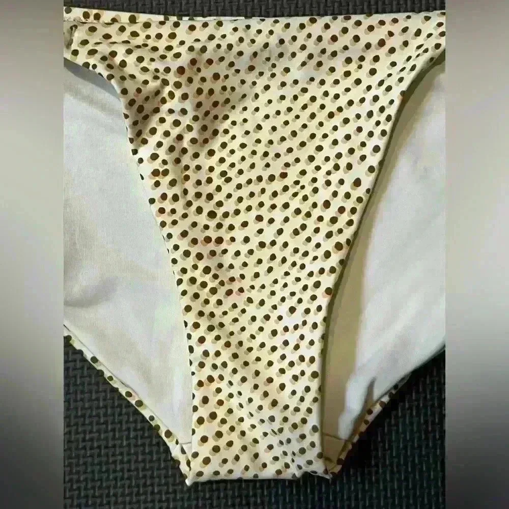 Aerie Bikini Bottom Women Small Cream Brown Dot Pattern Ruffle Full Coverage NWT